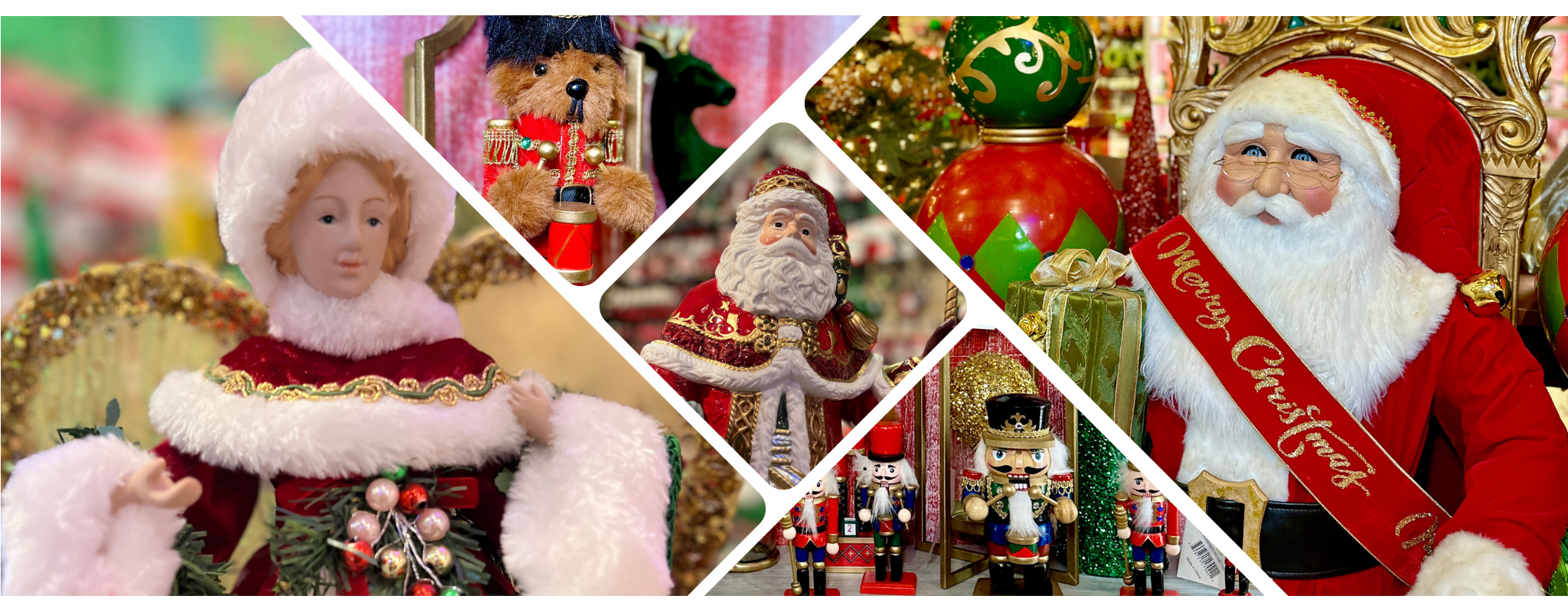 Banner Collage for the Grand entrance of Christmas land 2025 of Christmas-themed dolls and decorations including a Santa Claus figure.