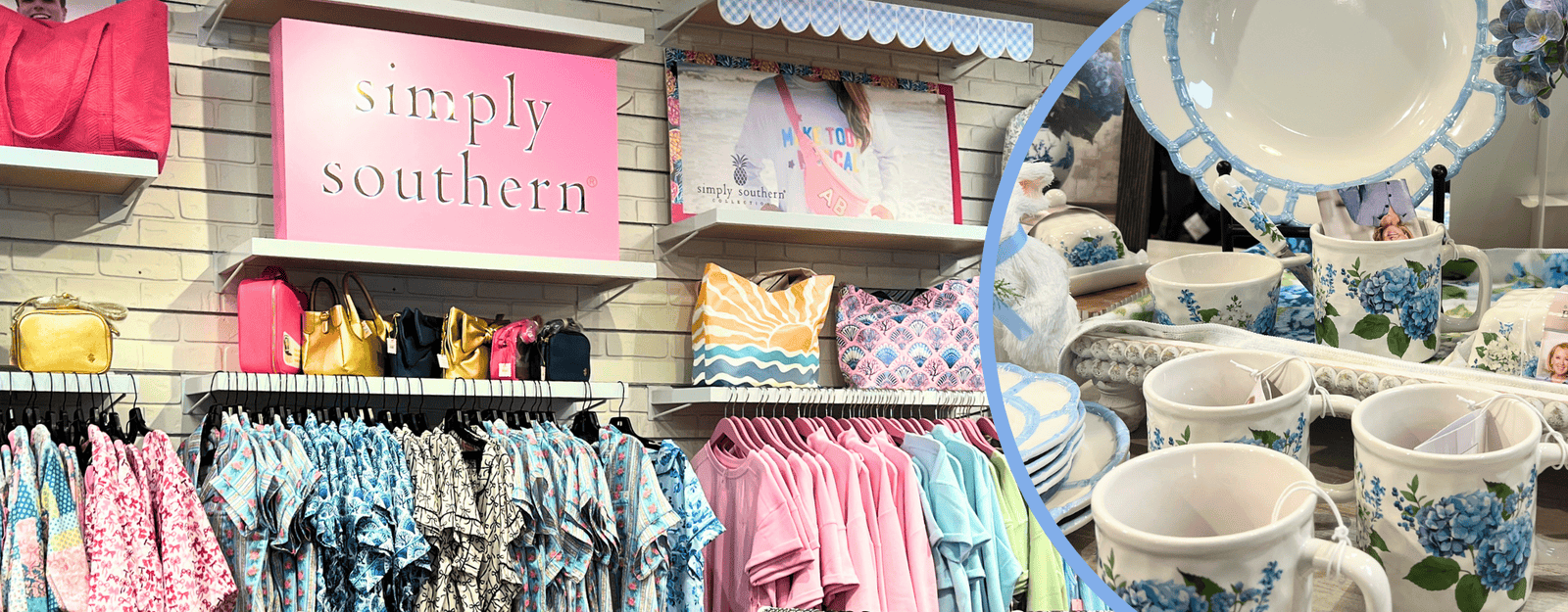 Store interior with 'Simply Southern' branding, clothing racks, and decorative serveware in the gift shop at Dewayne's in Selma, NC minutes from Raleigh, Cary, Clayton, Garner, Smithfield, Goldsboro

