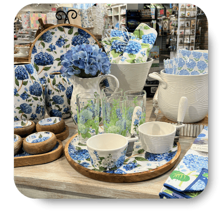 Table decor and serveware with Blue hydrangea tableware in the gift department at Dewayne's in Selma, NC minutes from Raleigh, Cary, Clayton, Garner, Smithfield, Goldsboro