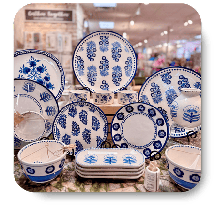 Set of mud pie blue and white ceramic dishes in the gift department at Dewayne's in Selma, NC minutes from Raleigh, Cary, Clayton, Garner, Smithfield, Goldsboro