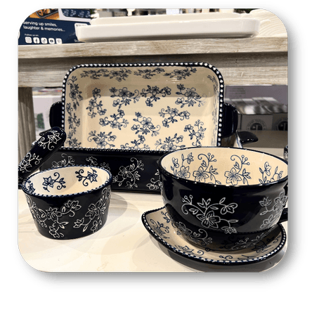 Ceramic tableware set with navy and white floral patterns at Dewayne's in Selma, NC minutes from Raleigh, Cary, Clayton, Garner, Smithfield, Goldsboro