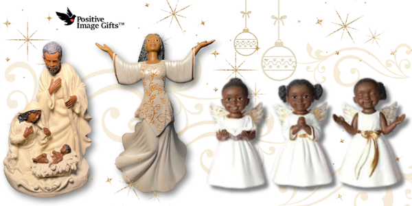 Set of african american figurine angels with 'Positive Image Gifts' branding  in the gold and glamour room in christmas land 2025 at dewayne's