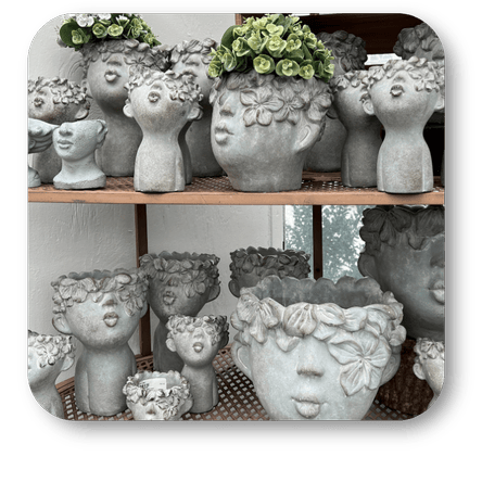 Decorative stone face planters  in the greenhouse atrium at Dewayne's in Selma, NC minutes from Raleigh, Cary, Clayton, Garner, Smithfield, Goldsboro