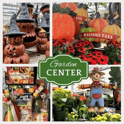 fall-themed items at a garden center with pumpkins, scarecrows, and floral decorations at Dewayne's