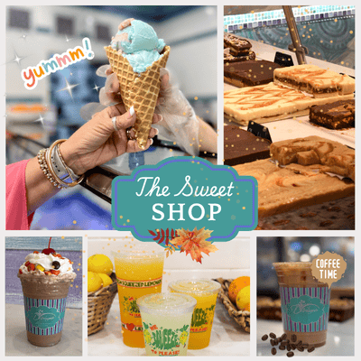 Collage of images from a sweet shop featuring ice cream, pastries, and drinks at Dewayne's