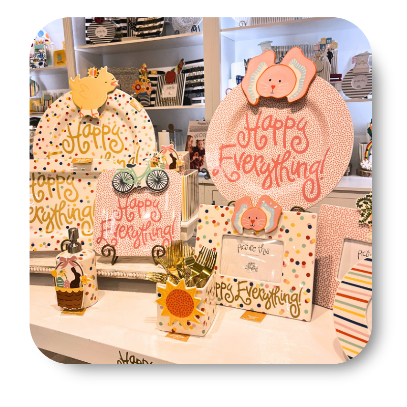 Happy Everything Happy Dots collection Tableware in the gift shop at Dewayne's in Selma, NC minutes from Raleigh, Cary, Clayton, Garner, Smithfield, Goldsboro