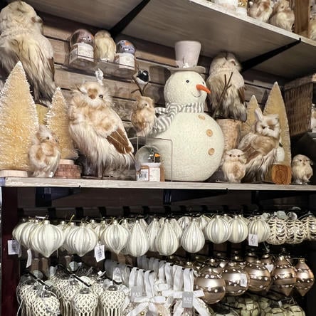 decorative owls and snowmen  in the country christmas room at Dewayne's in Selma, NC