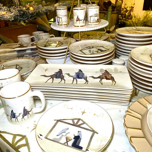 Collection of ceramic plates and mugs with nativity, wise men  in the moments of thyme room in christmas land 2025 at dewayne's