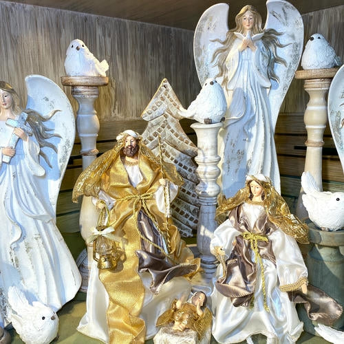 christmas decor, angel figures, nativity figures, moments in thyme
