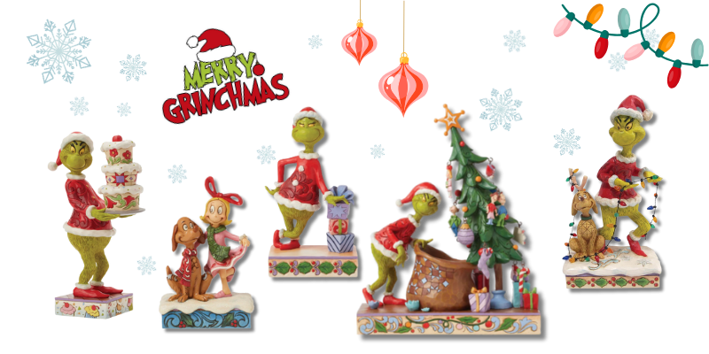 Set of Christmas-themed figurines in the Jim Shore grinch collection in santa's workshop in christmas land 2025 at dewayne's
