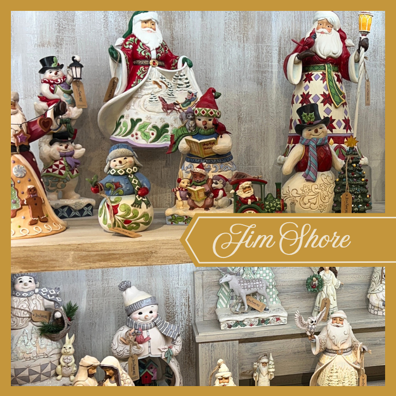 Collection of decorative figurines by 'Jim Shore' found in the timeless treasures room in christmas land 2025 at dewayne's