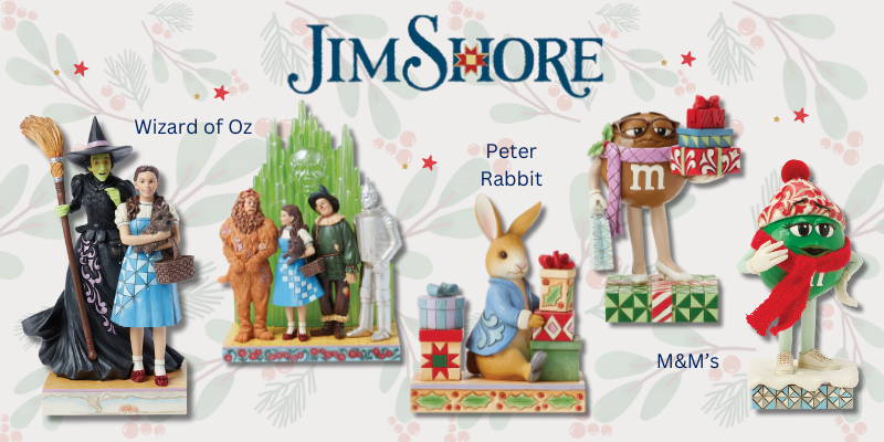 Jim Shore figurines including Wizard of Oz, Peter Rabbit, and M&M's on a decorative background.