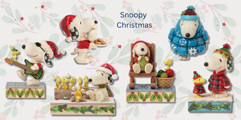 Collection of Jim Shore Snoopy Christmas-themed figurines