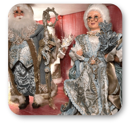 mr and mrs Santa Claus in ornate costumes figurines by Karen Didion in the timeless treasures room in christmas land at Dewayne's in Selma, NC minutes from Raleigh, Cary, Clayton, Garner, Smithfield, Goldsboro