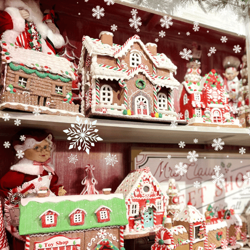 Decorative gingerbread houses in Kringle's Kitchen in Christmas land 2025 at dewayne's