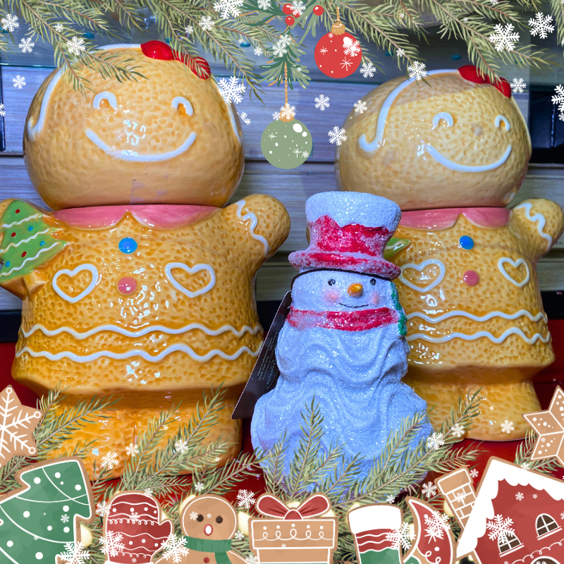 Decorative gingerbread people and snowman with Christmas decorations in Kringle's Kitchen in Christmas land 2025 at dewayne's