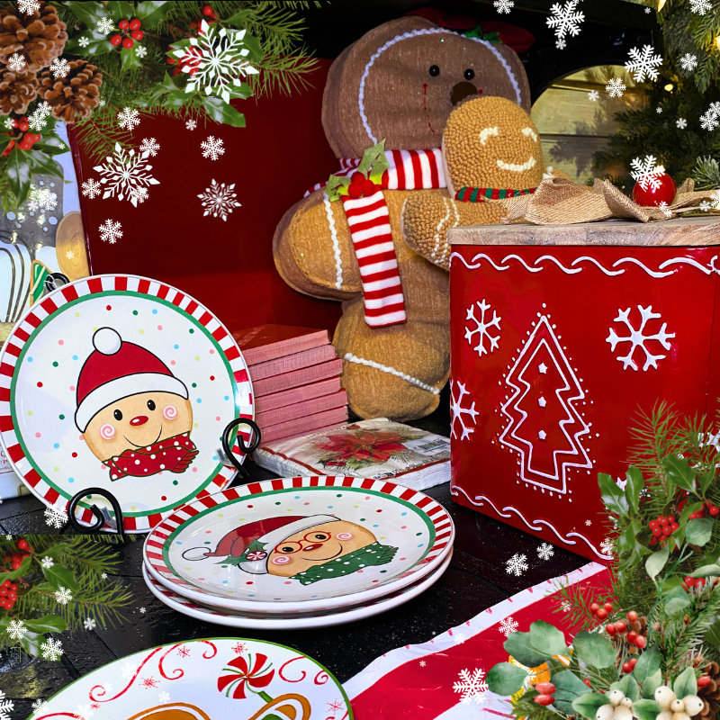 Christmas-themed tableware with gingerbread design in Kringle's Kitchen in Christmas land 2025 at dewayne's