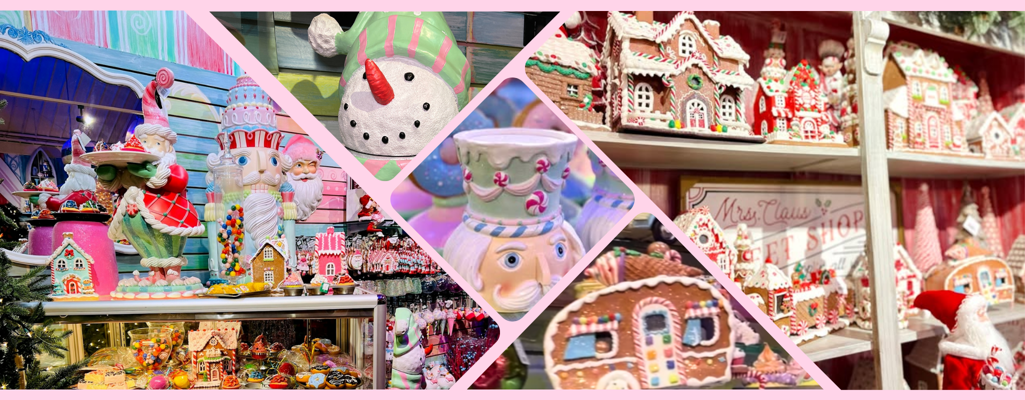 Banner Collage of various gingerbread houses and festive decorations in Kringle's Kitchen in Christmas Land 2025 at dewayne's
