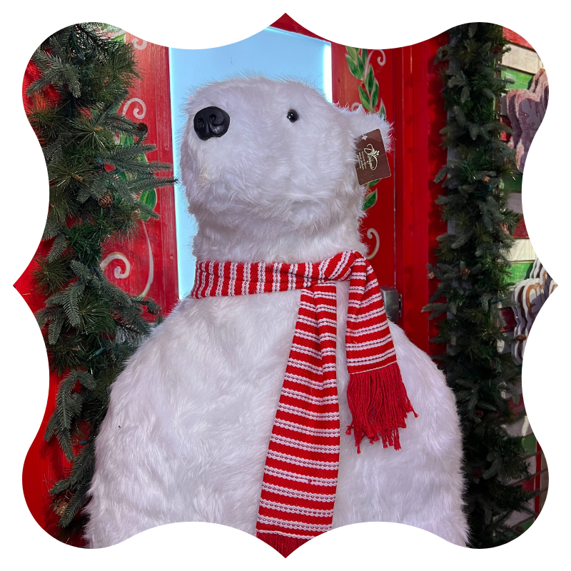 stuffed polar bear in Kringle's Kitchen in Christmas land 2025 at dewayne's