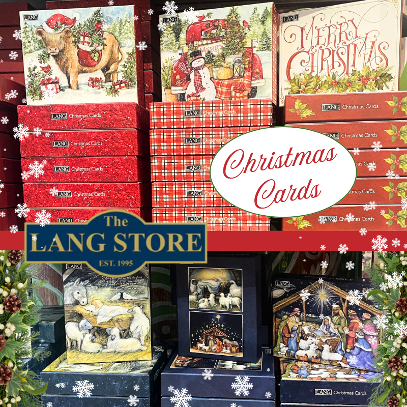 Collection of Christmas cards from The LANG STORE with festive designs and packaging.