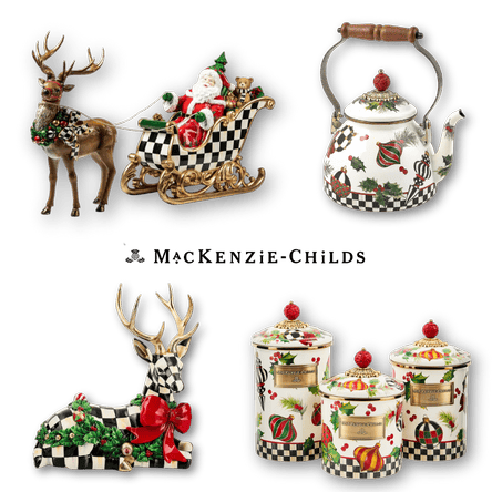 Collection of MacKenzie-childs Christmas-themed decorative items including a teapot, reindeer, and canisters with 'Mackenzie-Childs' branding in the grand entrance room of christmas land 2025 at dewayne's