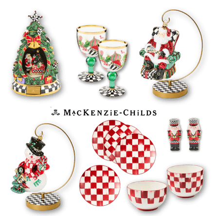 Collection of Christmas-themed decorative tableware, ornaments, salt and pepper shaker, glasses with MacKenzie-Childs branding in the grand entrance room of christmas land 2025 at dewayne's