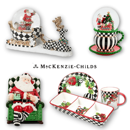 Collection of Christmas-themed tableware with Santa Claus and checkered patterns, holiday snow globe featuring the Mackenzie-Childs brand in the grand entrance room of christmas land 2025 at dewayne's
