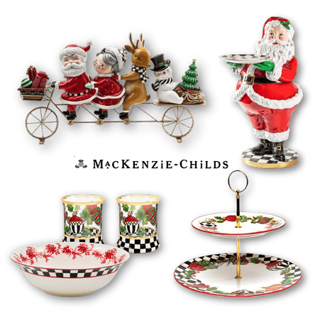 Collection of Christmas-themed tableware with Santa Claus and reindeer design, featuring the MacKenzie-Childs brand in the grand entrance room of christmas land  at Dewayne's in Selma, NC minutes from Raleigh, Cary, Clayton, Garner, Smithfield, Goldsboro