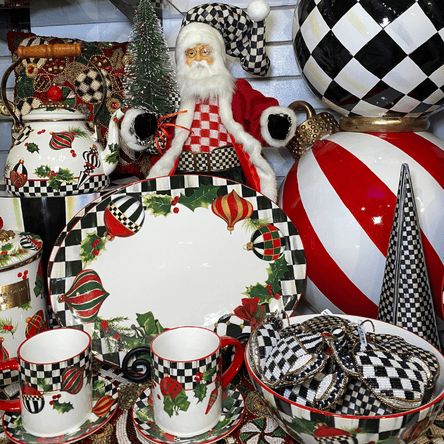 mackensie-childs christmas dinnerware  in the grand entrance room in christmas land 2025 at dewayne's