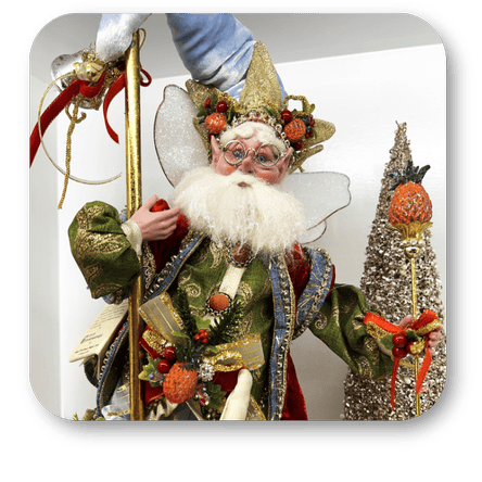 Decorative fairy figure with a staff and tree, wearing a festive outfit by 'Mark Roberts' in the timeless treasures room in christmas land at Dewayne's in Selma, NC minutes from Raleigh, Cary, Clayton, Garner, Smithfield, Goldsboro