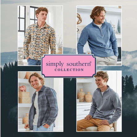 Collage of a man wearing different shirts with 'Simply Southern Collection' branding at Dewayne's in Selma, NC minutes from Raleigh, Cary, Clayton, Garner, Smithfield, Goldsboro