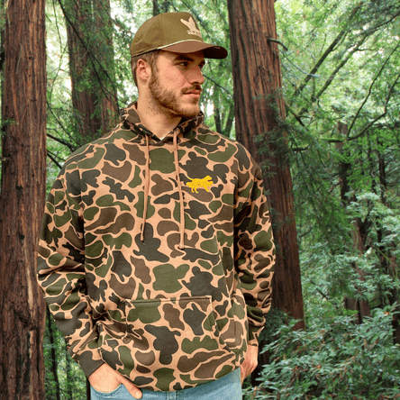 Man wearing an old row outdoors camouflage hoodie and cap at Dewayne's in Selma, NC minutes from Raleigh, Cary, Clayton, Garner, Smithfield, Goldsboro