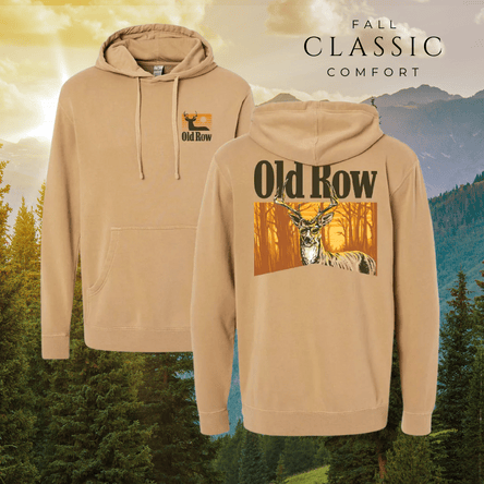 Beige hoodie with deer design and 'Old Row' branding against a scenic background at Dewayne's in Selma, NC