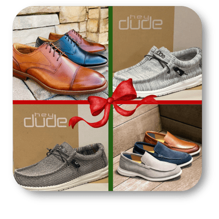 Collage of men's shoes with 'hey dude' branding and a red ribbon in the men's shoppe at Dewayne's in Selma, NC minutes from Raleigh, Cary, Clayton, Garner, Smithfield, Goldsboro