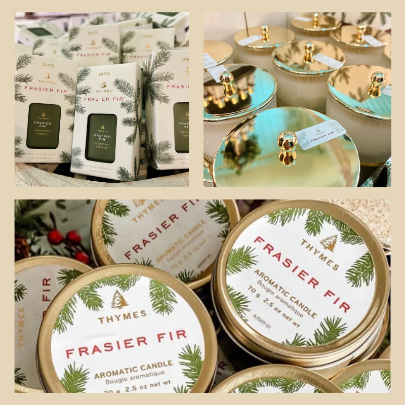 Collage of Thymes Frasier Fir candles  in the moments of thyme room in christmas land 2025 at dewayne's