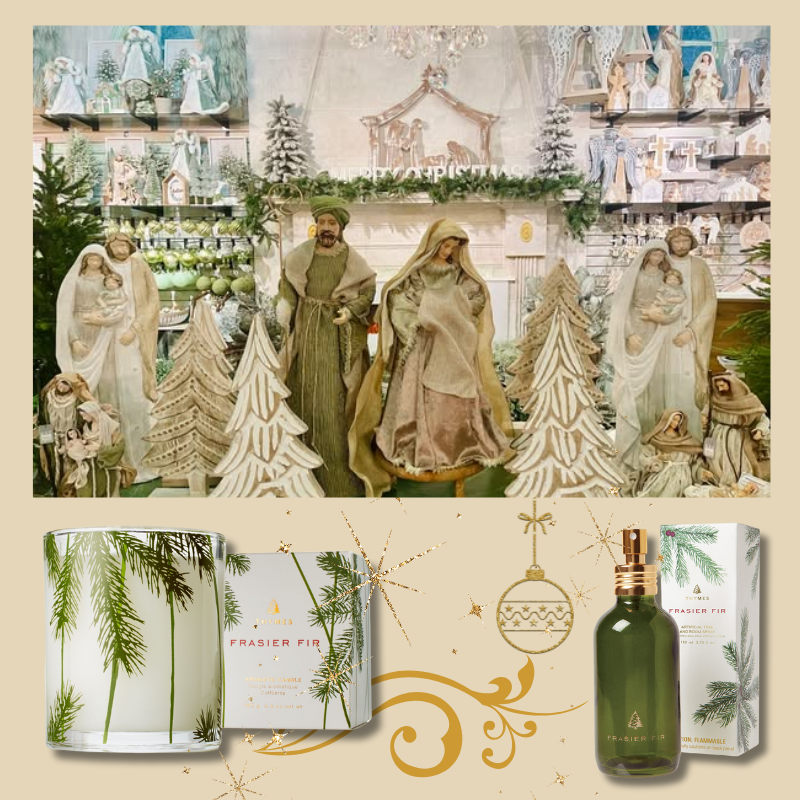 Collage of Christmas nativity figurines and Thymes Frasier Fir products  in the moments of thyme room in christmas land 2025 at dewayne's