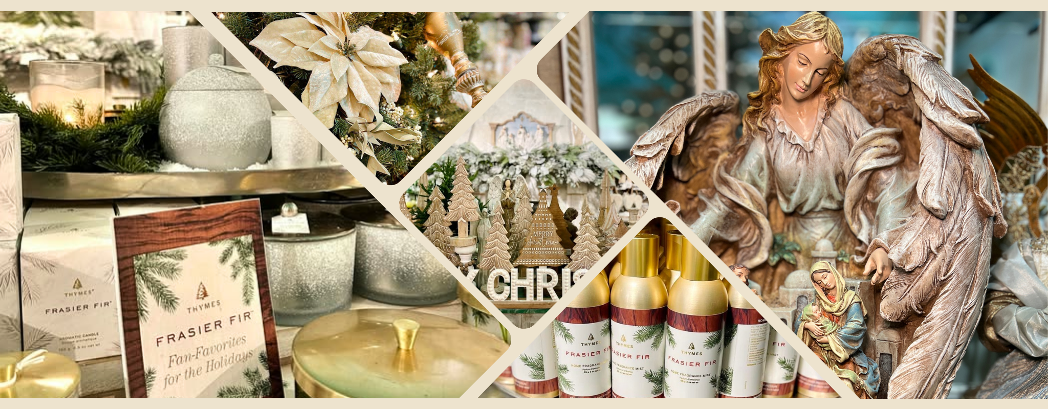 Banner Collage of Christmas-themed products including scented candles by Thyme, nativity scenes, and angel figurines in the moments of thyme room in christmas land 2025 at dewayne's