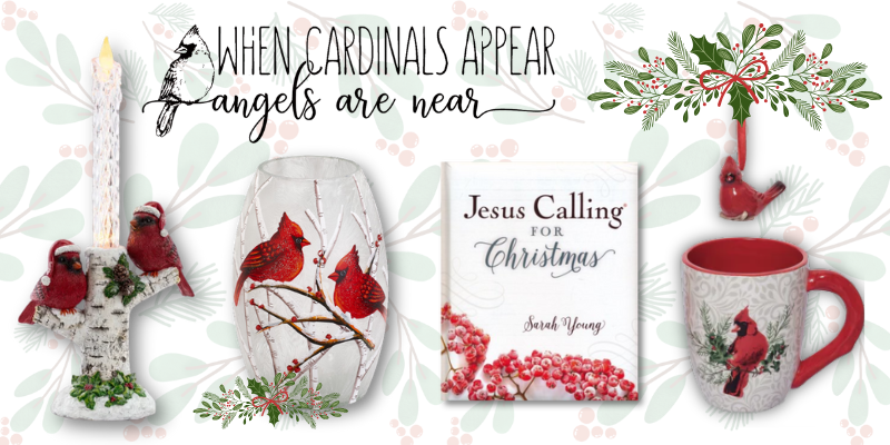 Collection of Christmas-cardinal--themed items including a mugs, cards, candles, books and decor  in the moments of thyme room in christmas land 2025 at dewayne's
