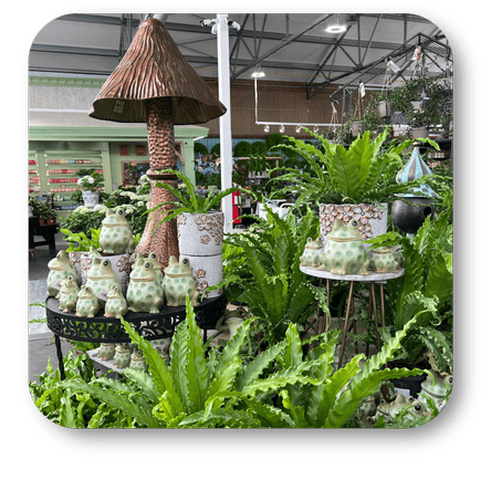 Mushroom statue amid various potted plants and decorative frogs in the greenhouse atrium at Dewayne's in Selma, NC minutes from Raleigh, Cary, Clayton, Garner, Smithfield, Goldsboro