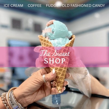 Ice cream cone held by a hand with colorful candies at the bottom, against a pink decorative border with text overlay  in the Sweet shop at Dewayne's in Selma, NC minutes from Raleigh, Cary, Clayton, Garner, Smithfield, Goldsboro
