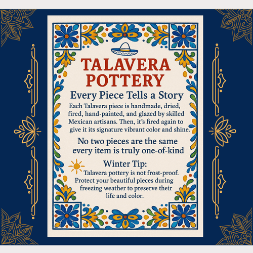Informational text about Talavera pottery with decorative border on a blue background sold at dewayne's