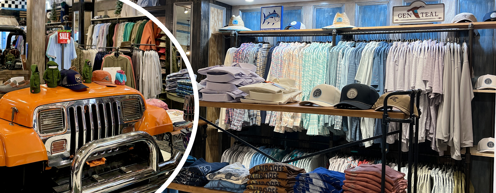 Men's clothing in the Vintage-style Men's Shoppe with orange Jeep, and clothing racks at Dewayne's in Selma, NC minutes from Raleigh, Cary, Clayton, Garner, Smithfield, Goldsboro