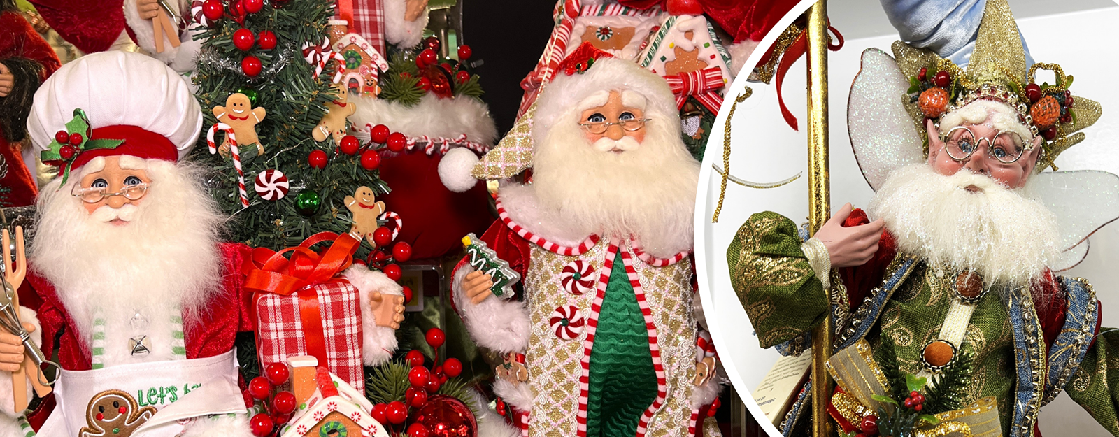 Collage of Christmas-themed figurines including Santa Clauses and elves in the timeless treasures room in christmas land at Dewayne's in Selma, NC minutes from Raleigh, Cary, Clayton, Garner, Smithfield, Goldsboro