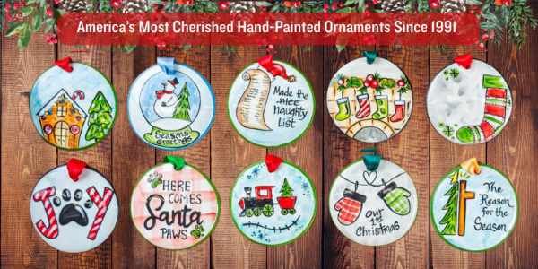Hand-painted Christmas ornaments  by Nola Watkins that can be personalized in christmas land at Dewayne's in Selma, NC minutes from Raleigh, Cary, Clayton, Garner, Smithfield, Goldsboro
