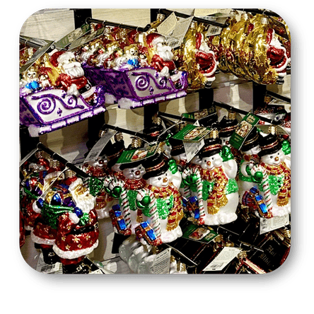 ornaments by 'Old World Christmas' in the timeless treasures room in christmas land at Dewayne's in Selma, NC minutes from Raleigh, Cary, Clayton, Garner, Smithfield, Goldsboro