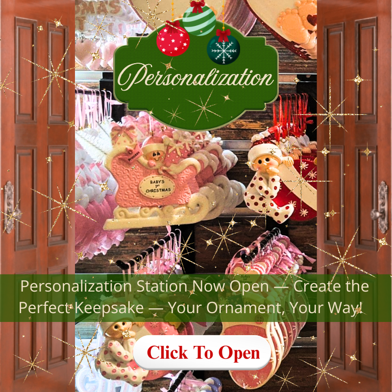 Doors open to the 'Personalization' station to personalize ornaments in Christmas Land 2025 at Dewayne's