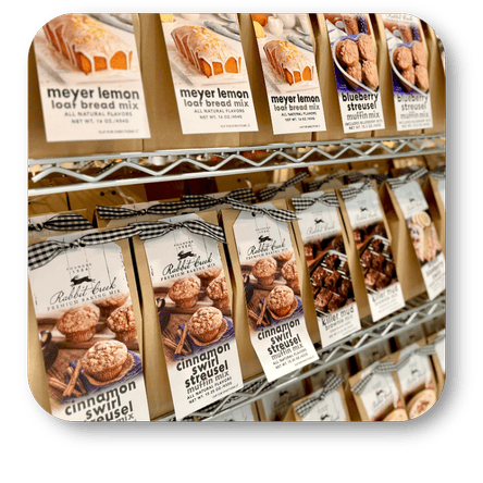 Assorted baking mix packages from Rabbit Creek Baking Co. in the gift shop at Dewayne's in Selma, NC minutes from Raleigh, Cary, Clayton, Garner, Smithfield, Goldsboro