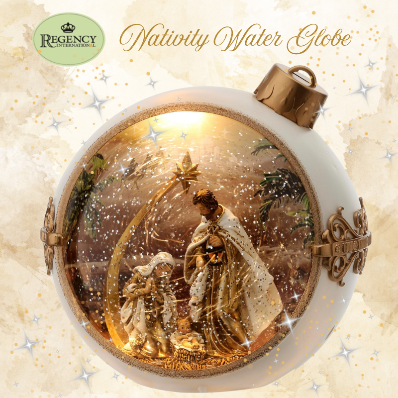 Regency Nativity lighted water globe with a gold and white color scheme
