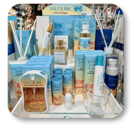 Display of Salt & Sol body fragrance and home scents in the gift shop at Dewayne's in Selma, NC minutes from Raleigh, Cary, Clayton, Garner, Smithfield, Goldsboro