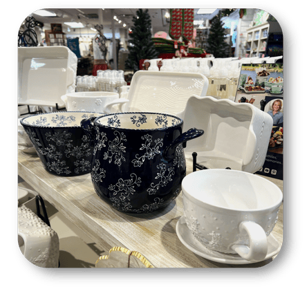 Ceramic tableware set with navy and white floral patterns at Dewayne's in Selma, NC minutes from Raleigh, Cary, Clayton, Garner, Smithfield, Goldsboro